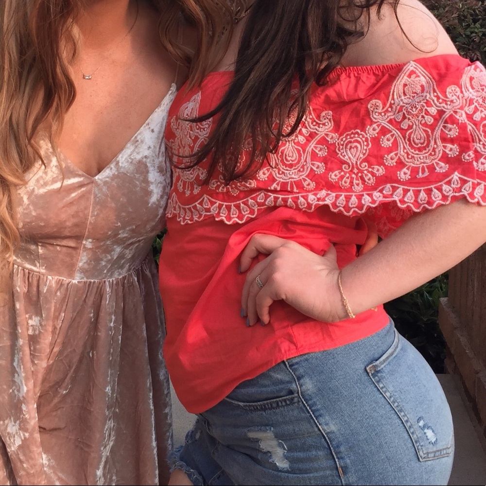 coral off the shoulder embroidered blouse